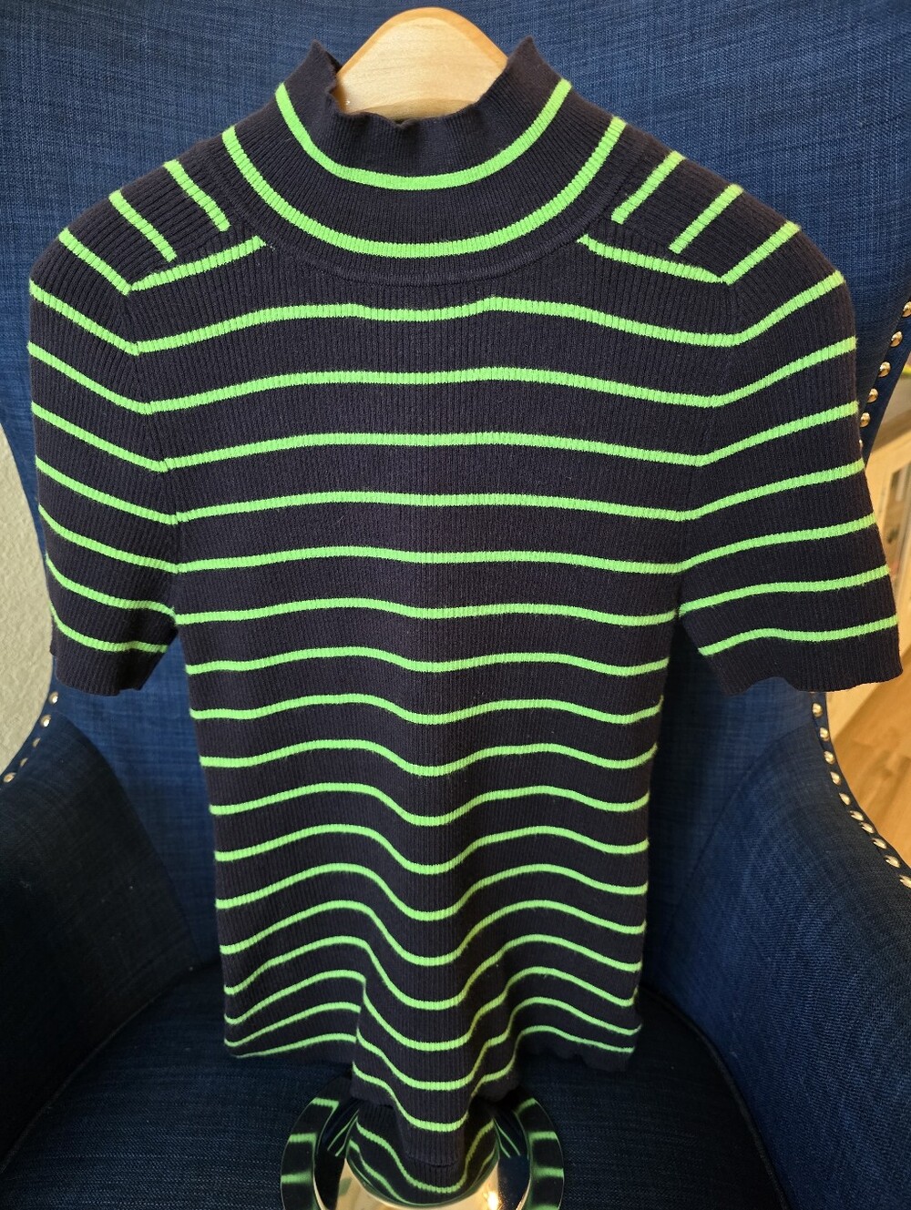 Striped Mock Neck Short Sleeve Sweater - Navy & Neon Green